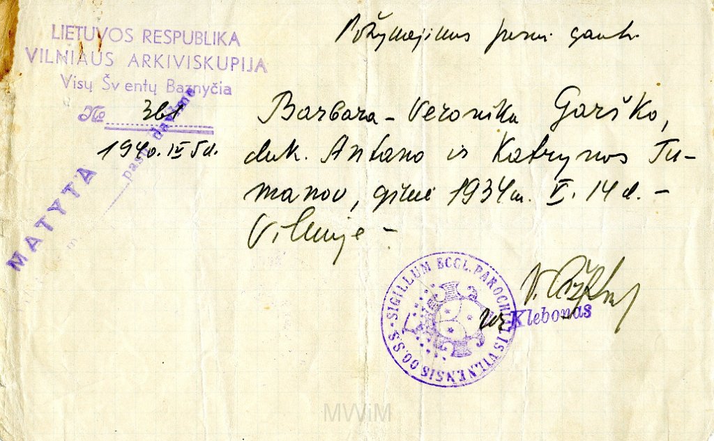 KKE 5684.jpg - (litewski) Dok. Wyciąg metrykalny wydany przez Arcybiskupstwo Wileńskie dla Barbary Weroniki Graszko - córki Antoniego i Katarzyny Graszko, Wilno, 5 IV 1940 r.